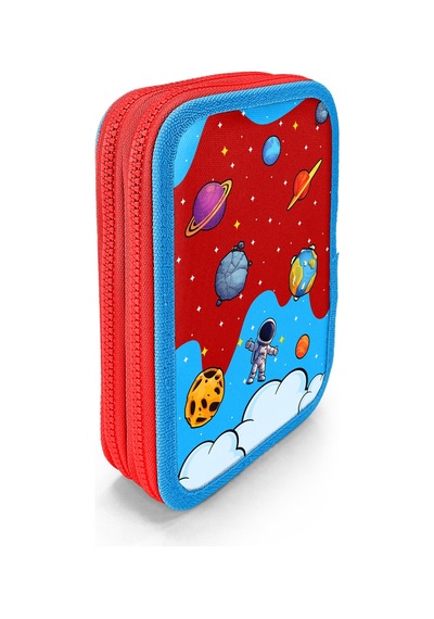 Coral High Kids Kırmızı Mavi Astronot Uzay Desenli Çift Katlı Kalem Çanta 31113 Kırmızı