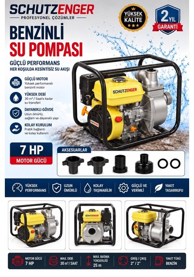 7 Hp 2 Inç Çıkışlı Benzinli Su Pompası 200 Mt Yatay Su Basar 4 Zamanlı Motor Turbo Güç Sarı