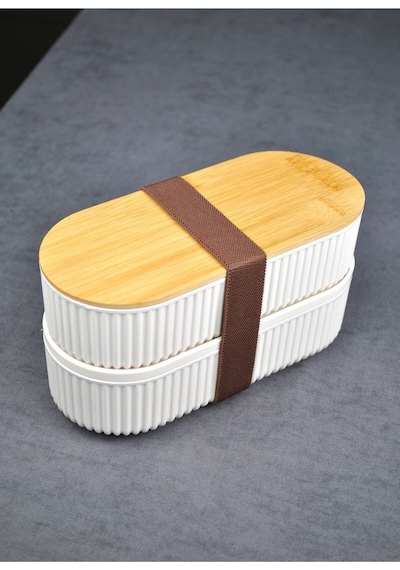2'li Ahşap Kapaklı Lunch Box Saklama Kabı Ve Beslenme Kutusu - 2x500 Ml Krem