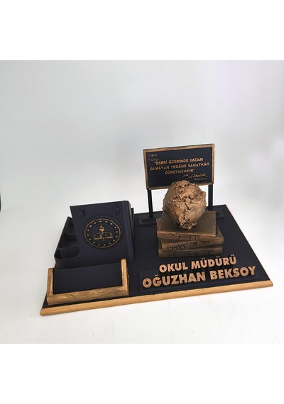Kişiye Özel Okul Müdürü Masa İsimliği Ve Kartvizitlik Gold - Siyah