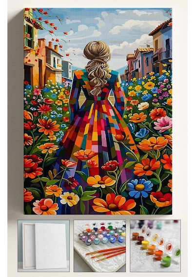 Sayılarla Boyama Çerçeveli Hobi Seti Numaralı Tuval Fırça Boya Kasnaklı 40x50 Cm Çiçek Tarlası 2