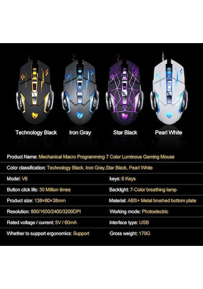 Prestigegoods T-wolf V6 Usb Kablolu 6 Düğmeli Aydınlatmalı Ergonomik Mouse V6
