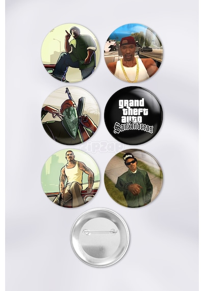 Gta San Andreas Video Oyun Bilgisayar Oyunu Çanta Süsü Rozet İğneli Buton Rozet Seti 6 Adet Çok Renkli
