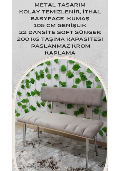 Özcan Metal Metal Ayaklı Metal Kasalı Sırtlı Krom Mutfak Salon Antre Yatak Odası Balkon Bench Puf Bank Oturak Krem