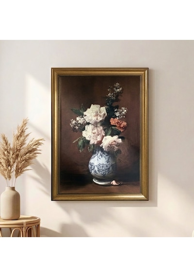 Klasik Gold Çerçeveli Çini Vazoda Şakayık Çiçekleri Tablo Lüks Salon Duvar Dekoru 60x80 Cm