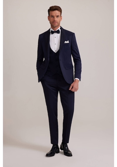 Ysf Erkek Lacivert Slim Fit Şal Yaka Yelekli Damatlık