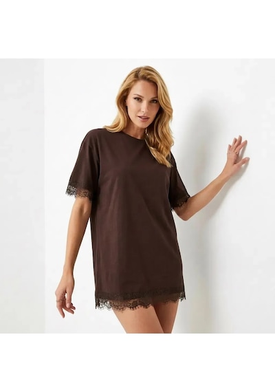 Kadın Bisiklet Yaka Dantel Detay Oversize Penye Bluz 26005 Kahve