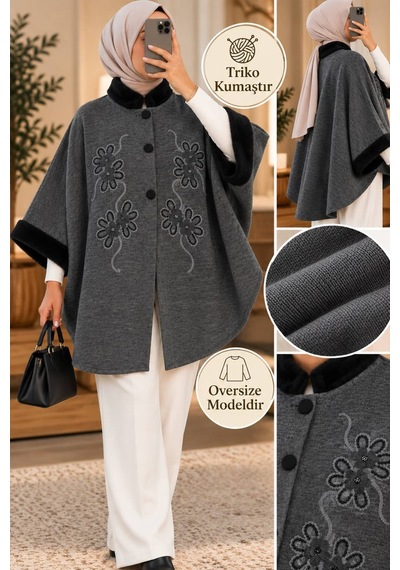 Genel Markalar Novea Scarf Kürklü Şık İşlemeli Panço Gri - 936037732 Gri