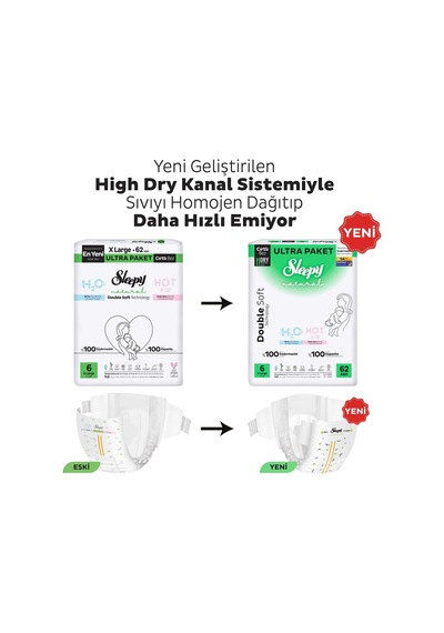 Natural Double Soft Ultra Paket Bebek Bezi 6 Numara Xlarge 62 Adet 6 Beden