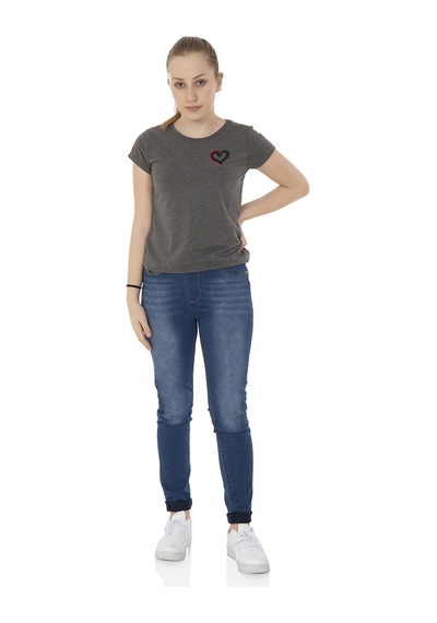 Toontoy Kids Toontoy Kız Çocuk T-shirt Kalp Nakışlı Antrasit