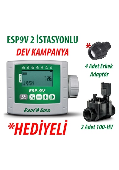 Rain Bird Esp9vı2 Pilli Kontrol Ünitesi 9v. 2 İstasyonlu Ve 2 Adet 100hv 9v. Vana Seti