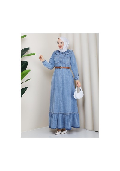 Hb Harma Time Butik Kadın Taş Detaylı Fermuarlı Kemerli Tesettür Kot Mavi Elbise Mavi Mavi