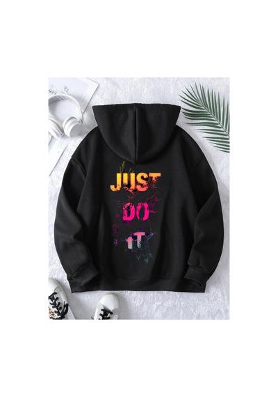 Tarzsokak Unisex Erkek/kadın Justdoıt Renkli Özel Baskılı Oversize Kapüşonlu Sweatshirt Siyah
