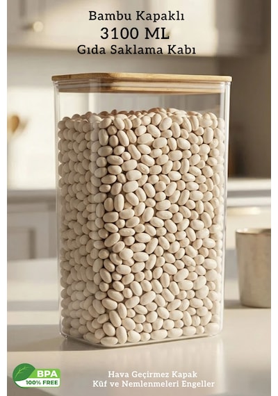 Bambu Kapak 3.1 Litre Hava Almaz Vakumlu Gıda Bakliyat Saklama Kabı - 3100 Ml Şeffaf