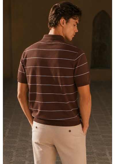 Tarz Cool Erkek Old Money Çizgili Polo Yaka Triko Tişört Slim Fit Kahverengi