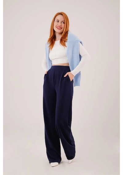 Defymoda Yüksek Bel Bol Paça Krep Lacivert Pantolon Lacivert