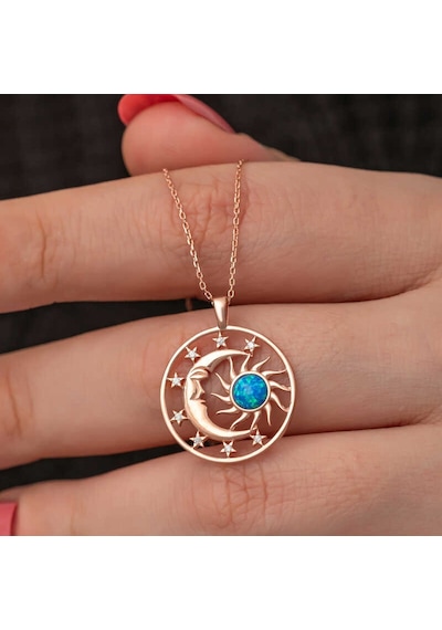 Gümüş Rose Opal Mavi Taşlı Ay Güneş Kadın Kolye Gümüş - Rose Gold