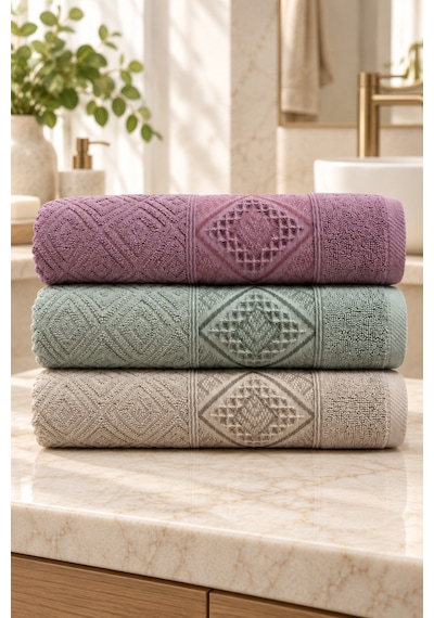 Elmas Motifli El Yüz Havlusu 50x90 Cm 3 Lü Set %100 Pamuk - Sage Amethyst Çok Renkli