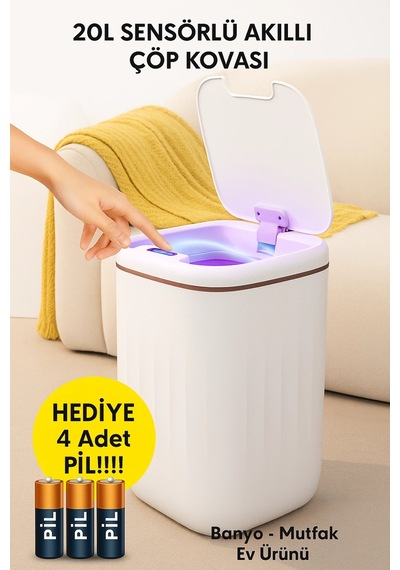 20l Sensörlü Akıllı Çöp Kovası Otomatik Kapaklı, Banyo Mutfak 4 Pil Yanında Çok Renkli