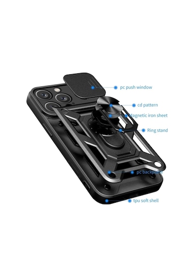 İphone 12 Pro Max Uyumlu Tank Kılıf Yüzük Standlı Tam Darbe Koruma Zırhlı Outdoor Kapak Siyah Şeffaf