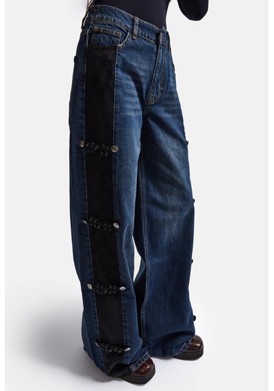 Kadın Mavi Straight Fit Süet Detaylı Özel Tasarım Napolyon Denim Jean Kırmızı