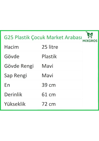 G25 Plastik Çocuk Market Alışveriş Arabası 25 Litre Mavi
