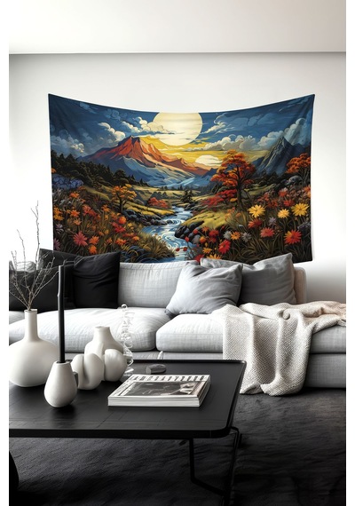 Pastel Dağ Manzarası Desenli Duvar Halısı Duvar Örtüsü Tapestry Süet Dokulu Kumaş