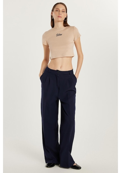 Tudors Kadın Regular Fit Pileli İspanyol Paça Lacivert Pantolon-34019 Lacivert