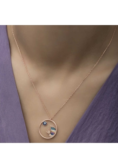 925 Ayar Gümüş Rose Altın Kaplama Kaplama Kaplama Nazarlı El Ve Ayak İzi Bayan Kolye Rose Gold