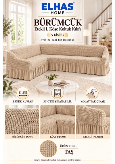 Bürümcük Kumaş 5 Kişilik Etekli L Köşe Koltuk Kılıfı Taş - 934819522 Taş