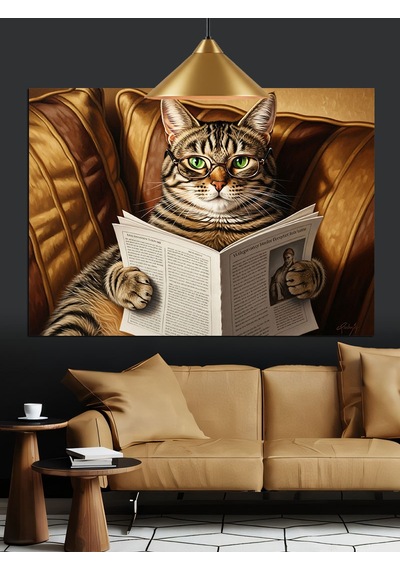 Kitap Okuyan Gözlüklü Kedi Dekoratif Kanvas - Mdf Ahşap Tablo