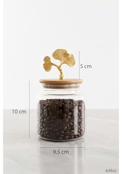 Altın Ginkgo Figürlü 3 Lü Cam Kavanoz Seti Bambu Kapaklı 635 Cc Saklama Kabı Ahşap