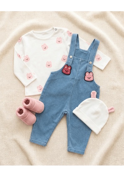 Babybuu Tavşanlı 2'li Salopet Kız Bebek Takım Beyaz-mavi