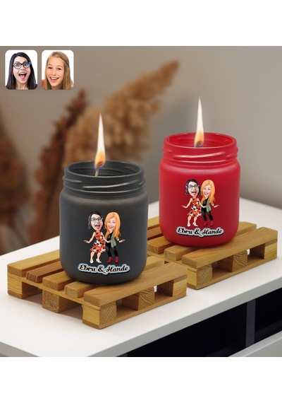 Bk Gift Kişiye Özel Dtf Karikatürlü 2 Li Siyah Ve Kırmızı Renkli Cam Kavanozda Kokulu Mum-2, Arkadaşa Hediye, Sevgiliye Hediye