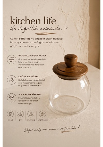 Ahşap Kapaklı Vakumlu Büyük Boy Borosilikat Cam Kavanoz Baharatlık 700 Ml Şeffaf