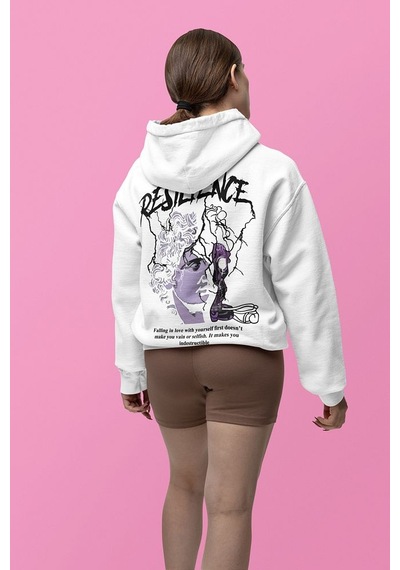Sevbano Resilience Baskılı Unisex Oversize Tasarım Hoodie Beyaz