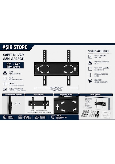 Sabit Tv Askı Aparatı 32-42 İnç Universal Tv Duvar Askısı Vesa 200x200 25 Kg Lcd Led Oled Qled Metal Gövde