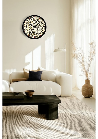 Leopar Desenli Modern Duvar Saati - 25cm - Önü Camlı Siyah Kasa - Sessiz Mekanizma-jh0193 Siyah