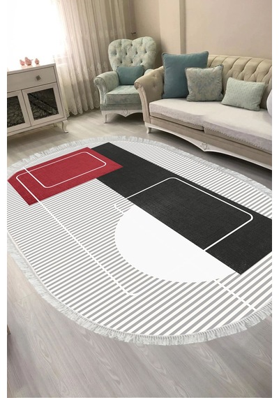 Alanur Kaymaz Yıkanabilir Dijital Baskılı Salon Halısı Trend Saçaklı Oval Geometrik Al4052 Siyah