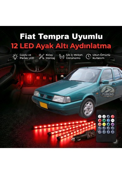 Fiat Tempra Uyumlu Rgb Ayak Altı Led 12 Led Kumandalı Müzik Duyarlı Araç İçi Aydınlatma 7 Renk 12v 1