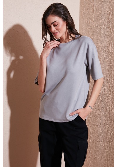 Lela Streç Oversize Fit Bisiklet Yaka Bayan T Shirt 5865911 Gri