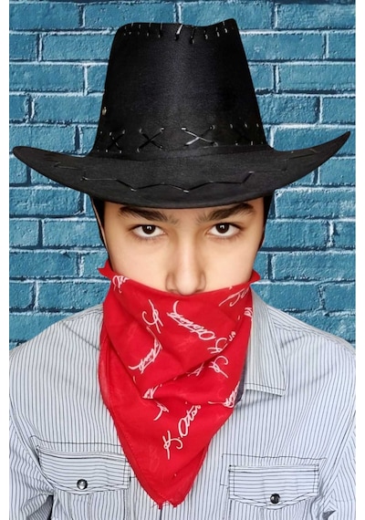 Uniquetrenders Çocuk Unisex Bandanalı Nubuk Kovboy Şapkası 8-14 Yaş Siyah 5