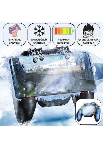 Polham 6 Parmak Kontrollü Radyatörlü Soğutmalı 4000mah Bataryalı Profesyonel Oyun Gamepadi Pubg, Cod, Free Fire Ve Tüm Mobil Oyunlar İçin