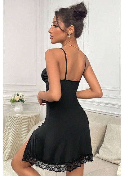 Ang Butik Kadın Siyah Dantelli Fiyonklu Ve Yırtmaçlı Şık Gecelik
