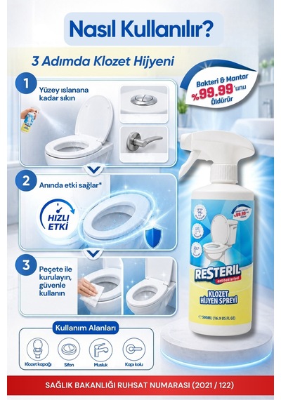 Resteril Tuvalet Temizleyici Hızlı Etkili Dezenfektan Sprey Klozet Kapağı Temizleyici Alkolsüz Hipokloröz Asit Tuvalet Koku Giderici Küf Önleyici 500 ML