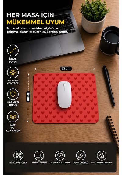 Kırmızı Renkli Kalpli Desenli Ergonomik Mouse Pad, Kaymaz Yüzey İle Ev Ve Ofis Kullanımı İçin İdeal