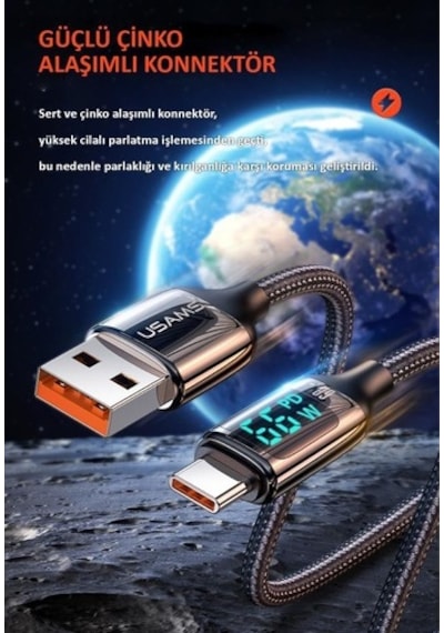 Usams US-Sj544 Dijital Göstergeli Çipli Örgülü PD 66 W USB To Type-C Şarj ve Data Kablosu 1.2 M