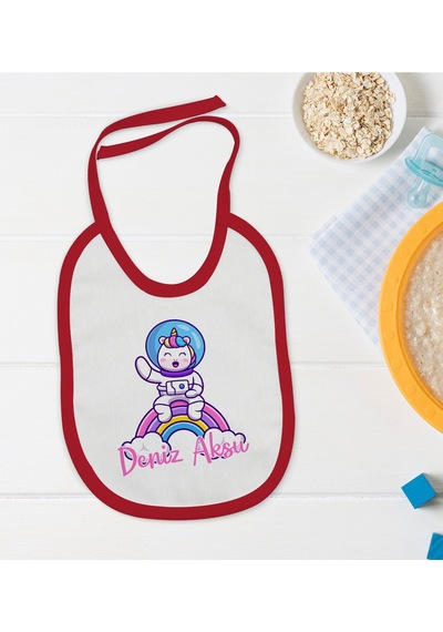 Babycim BK Kids Kişiye Özel Sevimli Astronot Tasarımlı Kırmızı Bebek Mama Önlüğü Kırmızı