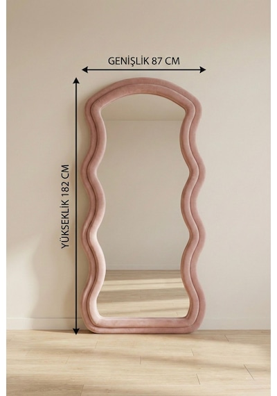 Ayaklı Kumaşlı Boy Aynası - Modern Dalgalı Tasarım Büyük Boy Ayna 182x87 Cm Pembe