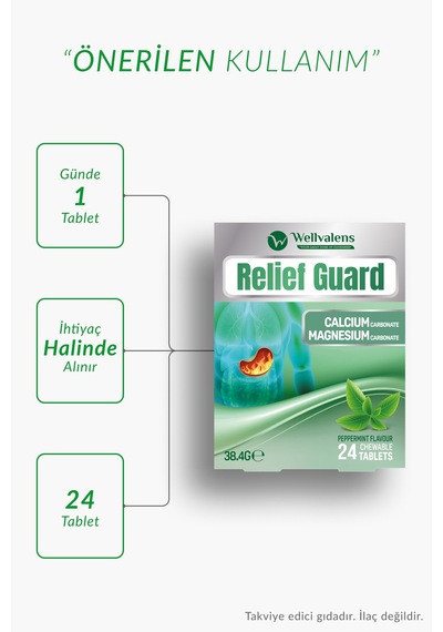 Relief Guard Çiğnenebilir Tablet Nane Aromalı Kalsiyum Karbonat Magnezyum Karbonat 24 Adet